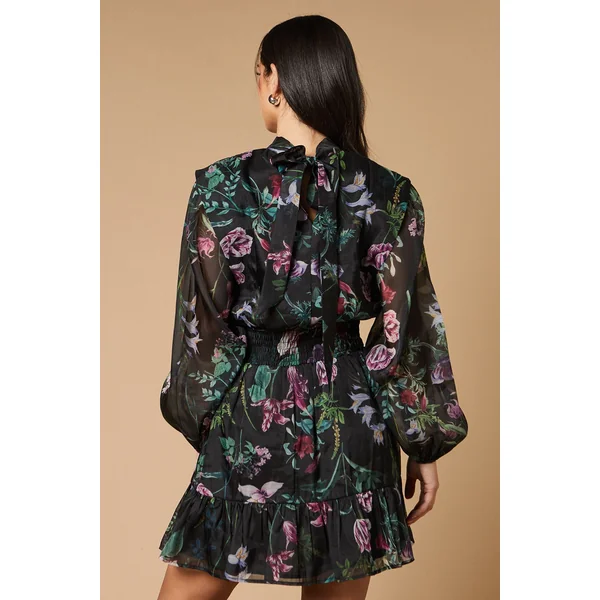 Robe Mini en Organza à Imprimé Bordure avec Taille Froncée et Dos Noué