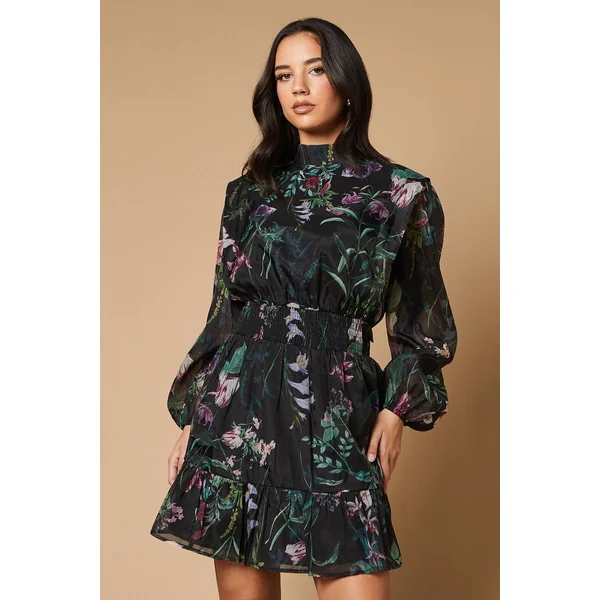 Robe Mini en Organza à Imprimé Bordure avec Taille Froncée et Dos Noué