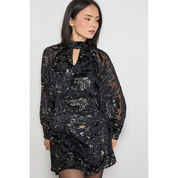 Robe Mini Petite à Col Montant Motif Floral Métallisé Dévoré