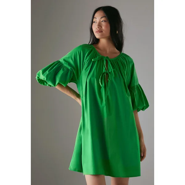 Robe Mini Smock Petite en Coton à Nœud Devant