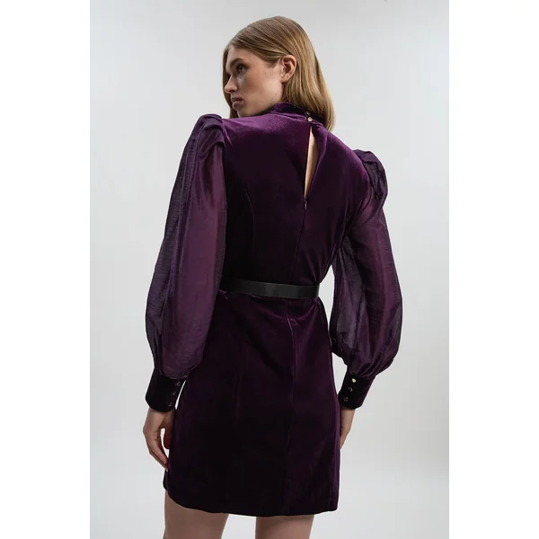 Robe Mini Tissée à Manches en Maille Transparente et Détail Ceinture en Velours