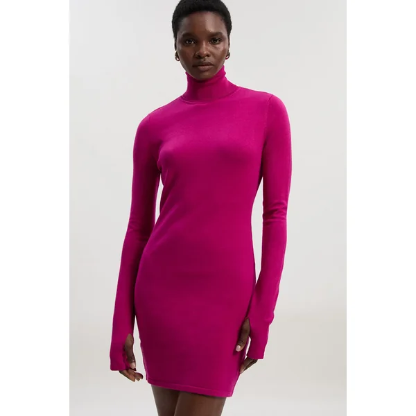 Robe Mini Tricot Col Roulé à Manches avec Passe-Pouce en Mélange Viscose