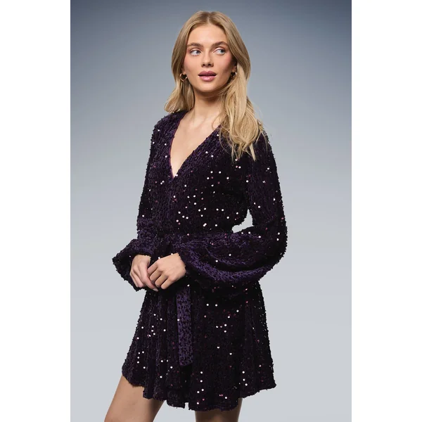 Robe Mini à Manches Longues avec Détails Boutonnés et Sequins