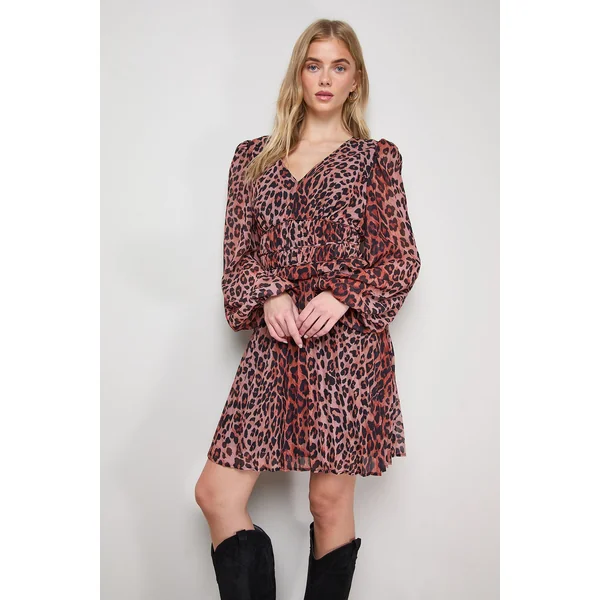 Robe Mini à Manches Longues avec Jupe Plissée Imprimée