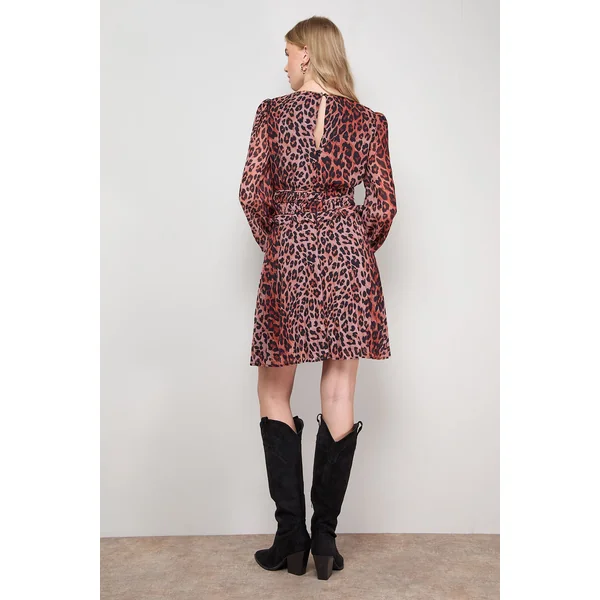 Robe Mini à Manches Longues avec Jupe Plissée Imprimée