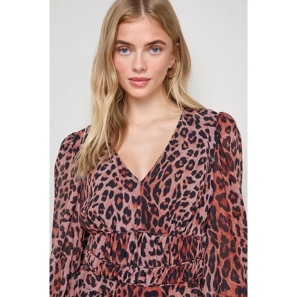 Robe Mini à Manches Longues avec Jupe Plissée Imprimée