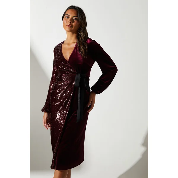 Robe Portefeuille en Velours à Sequins Manches Longues de Soirée