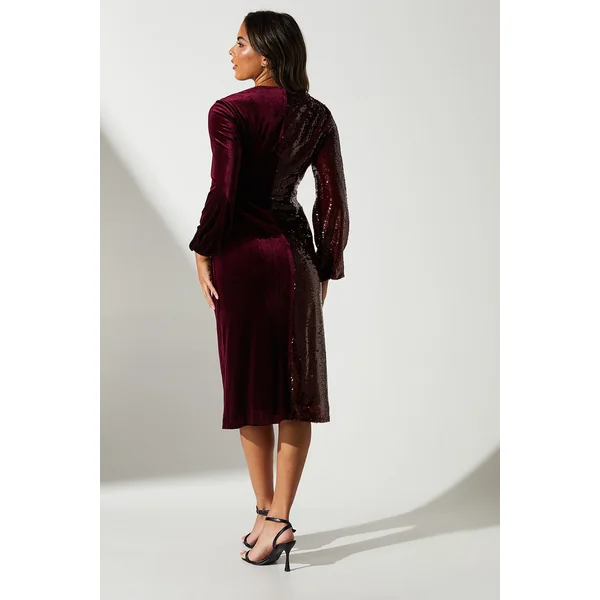 Robe Portefeuille en Velours à Sequins Manches Longues de Soirée