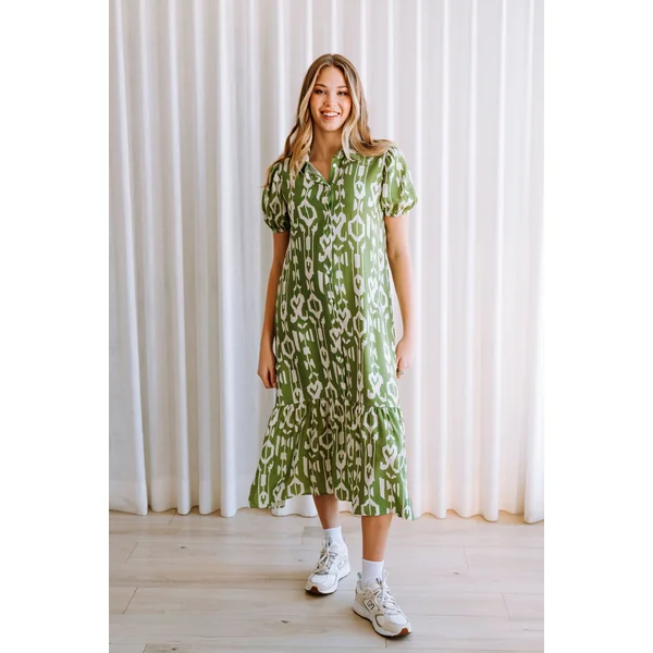 Robe SABRINA - motif géométrique abstrait - vert printanier