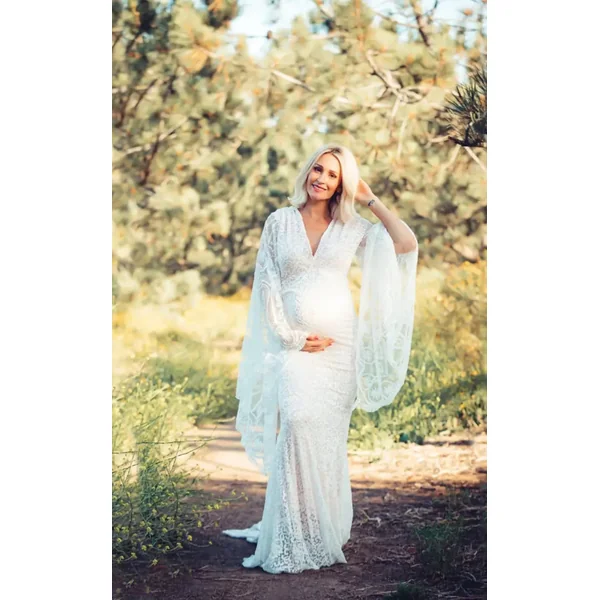 Robe Shooting Grossesse Dentelle Blanche Col V