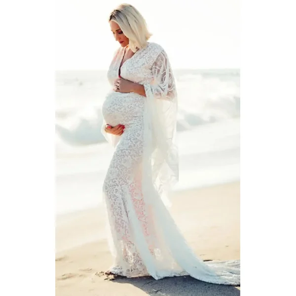 Robe Shooting Grossesse Dentelle Blanche Col V