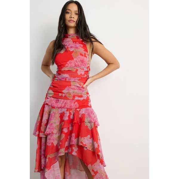 Robe À Imprimé Floral Col Licou Ourlet Asymétrique À Volants