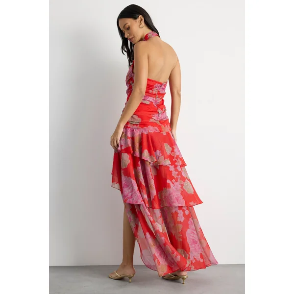 Robe À Imprimé Floral Col Licou Ourlet Asymétrique À Volants