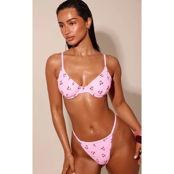 Rose Bas De Bikini Tanga Basique À Imprimé Cerises