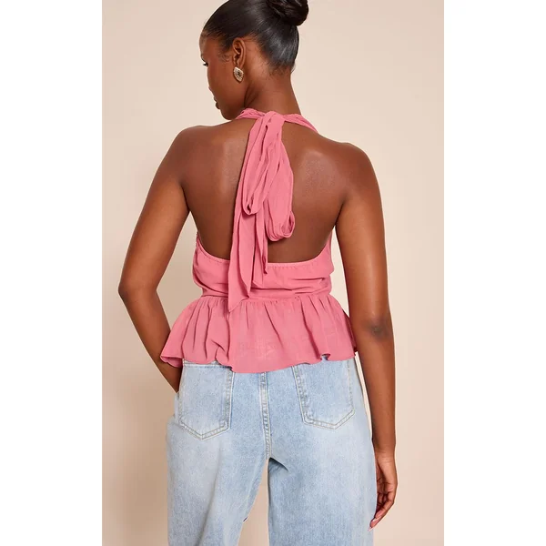 Rose Blush Top Col Bénitier À Encolure Dos-nu En Mousseline Avec Ourlet Péplum