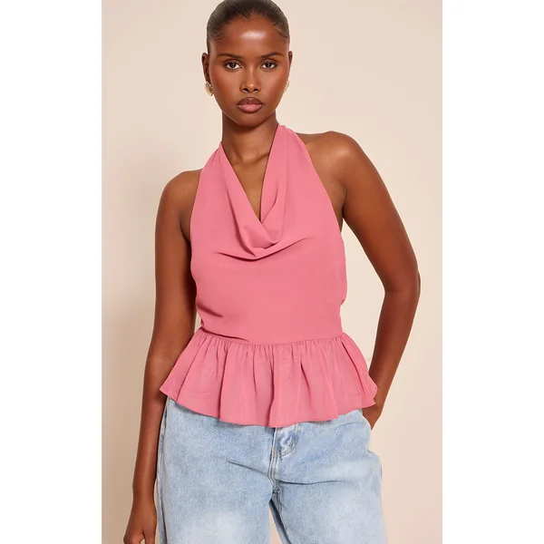 Rose Blush Top Col Bénitier À Encolure Dos-nu En Mousseline Avec Ourlet Péplum