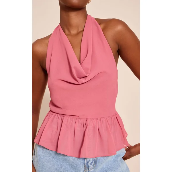 Rose Blush Top Col Bénitier À Encolure Dos-nu En Mousseline Avec Ourlet Péplum