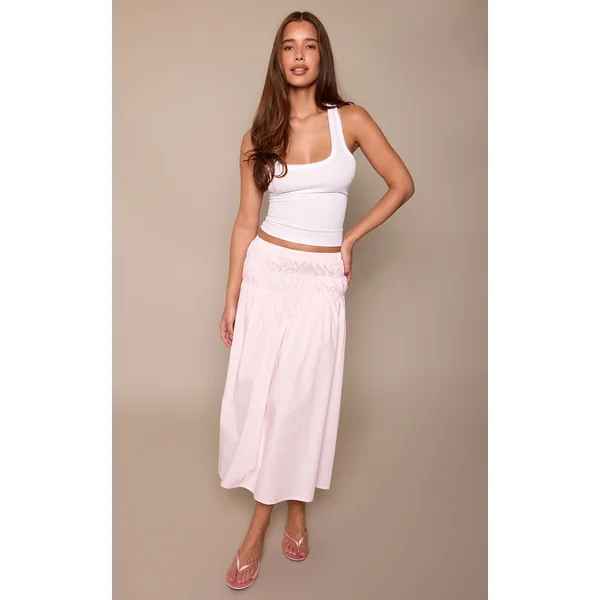Rose Clair Jupe Midi En Coton À Taille Basse Froncée