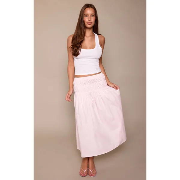 Rose Clair Jupe Midi En Coton À Taille Basse Froncée