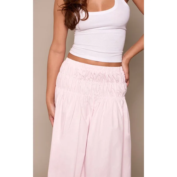 Rose Clair Jupe Midi En Coton À Taille Basse Froncée
