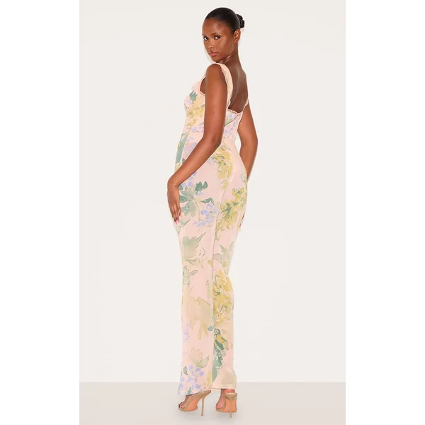 Rose Combinaison Évasée En Mousseline À Imprimé Floral Avec Détail Corset