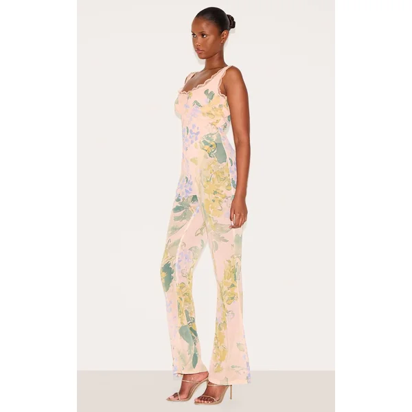 Rose Combinaison Évasée En Mousseline À Imprimé Floral Avec Détail Corset