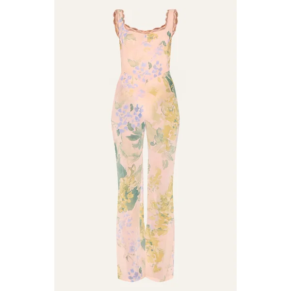 Rose Combinaison Évasée En Mousseline À Imprimé Floral Avec Détail Corset