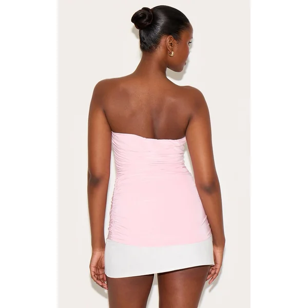 Rose Dragée Top Bandeau Long Froncé En Tissu Slinky Double Épaisseur