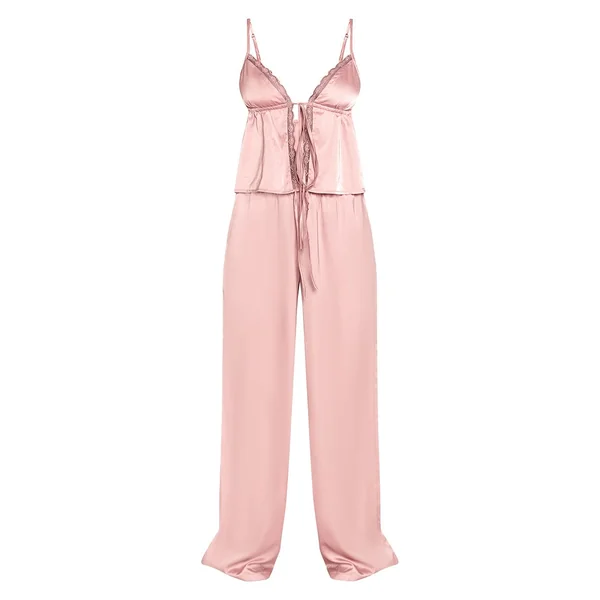 Rose Ensemble Pyjama Caraco Satiné Avec Détails En Dentelle Et Nœud Devant