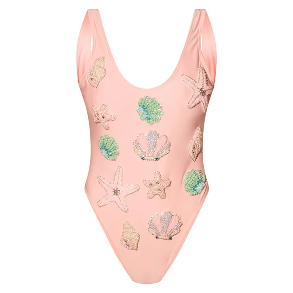 Rose Maillot De Bain Échancré À Badges Perlés
