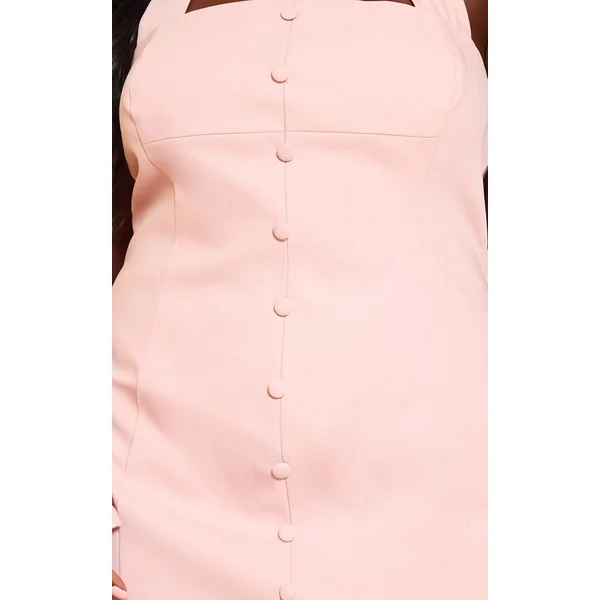 Rose Pâle Robe Courte Grande Taille Tissée Col Licou Détails Boutons