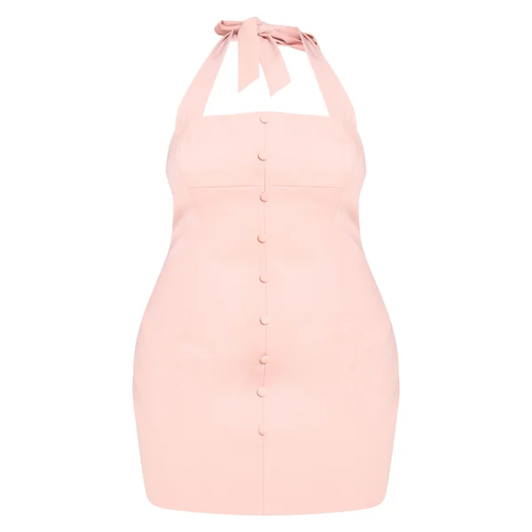 Rose Pâle Robe Courte Grande Taille Tissée Col Licou Détails Boutons