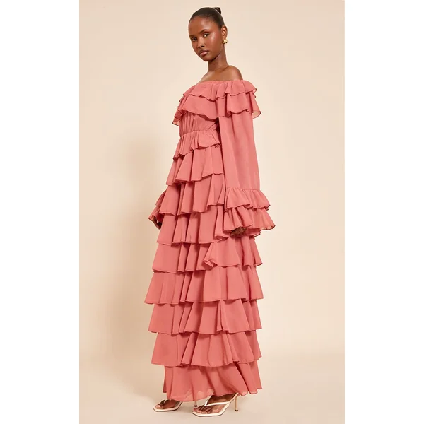 Rose Pâle Robe Longue En Mousseline À Épaules Dénudées Et Volants Extrêmes