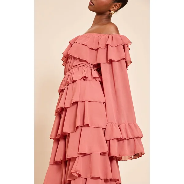 Rose Pâle Robe Longue En Mousseline À Épaules Dénudées Et Volants Extrêmes