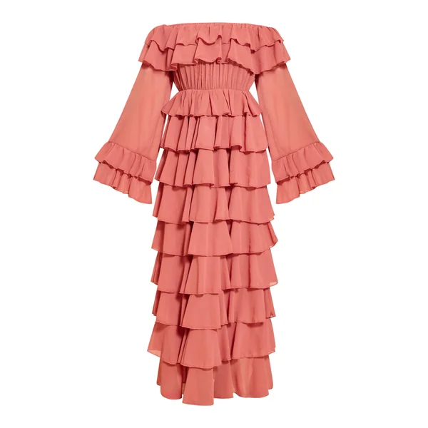 Rose Pâle Robe Longue En Mousseline À Épaules Dénudées Et Volants Extrêmes