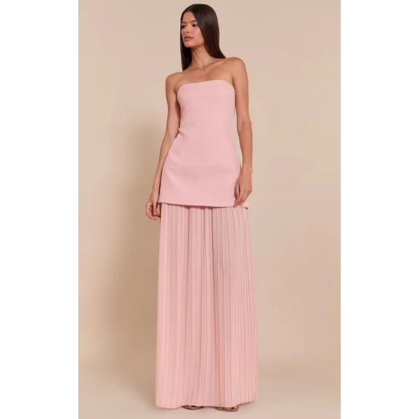 Rose Pâle Robe Maxi Bandeau À Jupe Plissée En Mousseline Avec Panneaux
