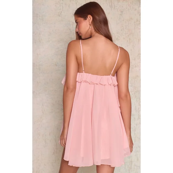 Rose Pâle Robe Nuisette Mini À Volants Et Bretelles