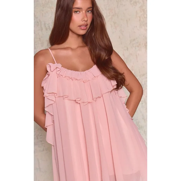 Rose Pâle Robe Nuisette Mini À Volants Et Bretelles
