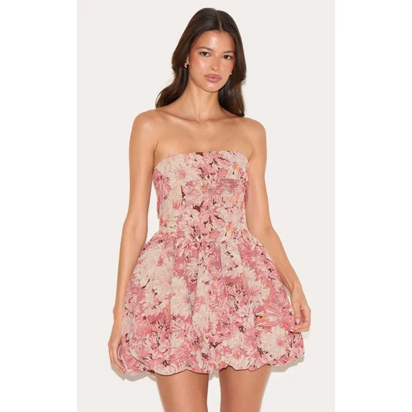 Rose Robe Bandeau À Tapisserie Florale Avec Jupe Bouffante Extrême
