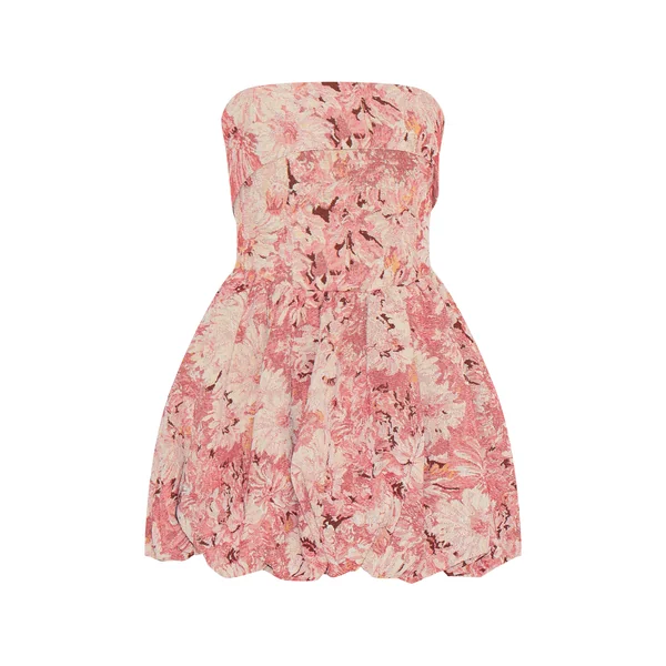 Rose Robe Bandeau À Tapisserie Florale Avec Jupe Bouffante Extrême