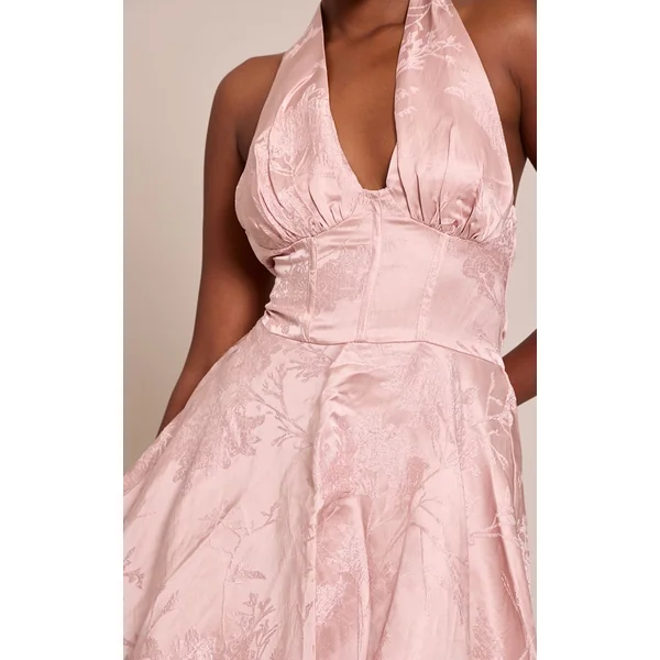 Rose Robe Droite Courte En Jacquard Satiné