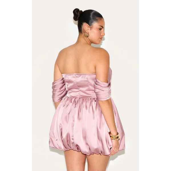 Rose Robe Droite Grande Taille En Satin Rose Avec Épaules Dénudées Et Volume Bouffant