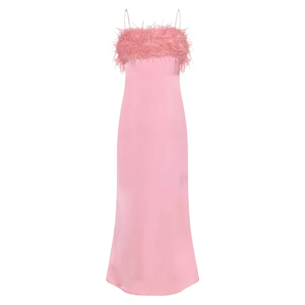Rose Robe Longue À Bretelles En Satin Avec Détail Plumes Au Buste