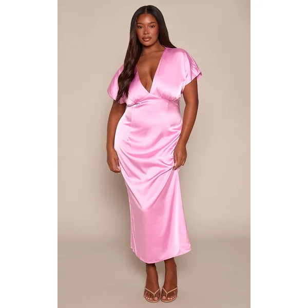 Rose Robe Midi Grande Taille En Satin À Décolleté Plongeant