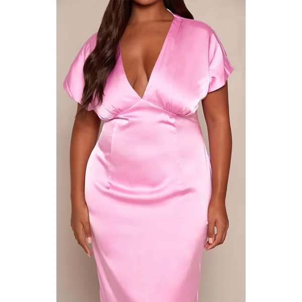 Rose Robe Midi Grande Taille En Satin À Décolleté Plongeant