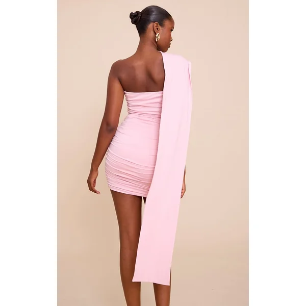 Rose Robe Mini Bandeau Froncée À Double Couche Toucher Doux Avec Détail Foulard