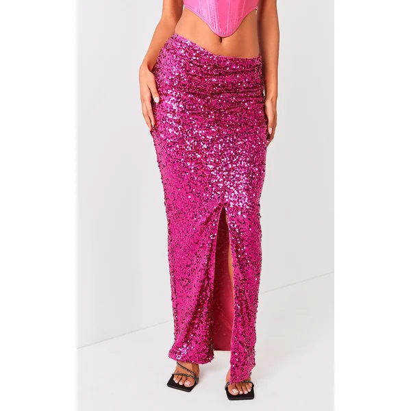 Rose Vif Jupe Longue À Taille Froncée Ornée De Sequins