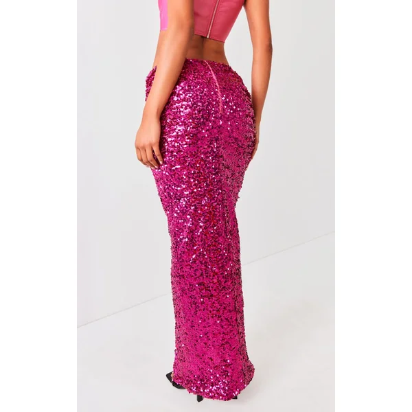 Rose Vif Jupe Longue À Taille Froncée Ornée De Sequins
