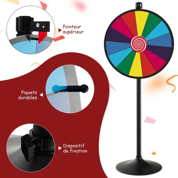 Roue de la Fortune 60 CM sur Pied Solide avec 14 Slots Hauteur Réglable 80/148CM Stylo Effaçable et Effaceur Inclus