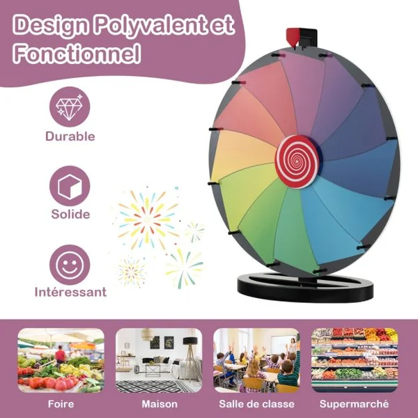 Roue de la Fortune 60cm sur Pied avec 12 Slots Jeu de Fortune avec Boîte de Rangement Marqueur Effaçable et Effaceur